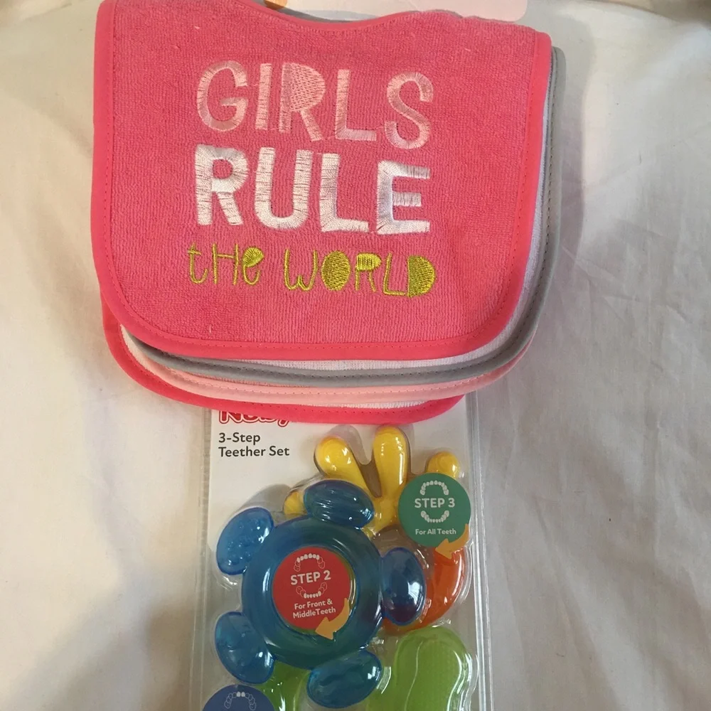 Kids bibs and nuby 3 stage teether set /New